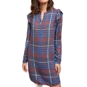 Anthropologie Cloth & Stone Dress Blue Plaid Ruffled Shirt Dress Size XS Western